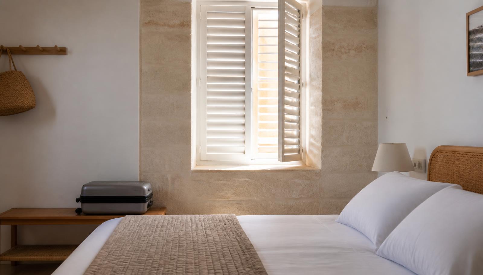 Lichte slaapkamer met witte lakens en houten luiken in een Mediterrane woning