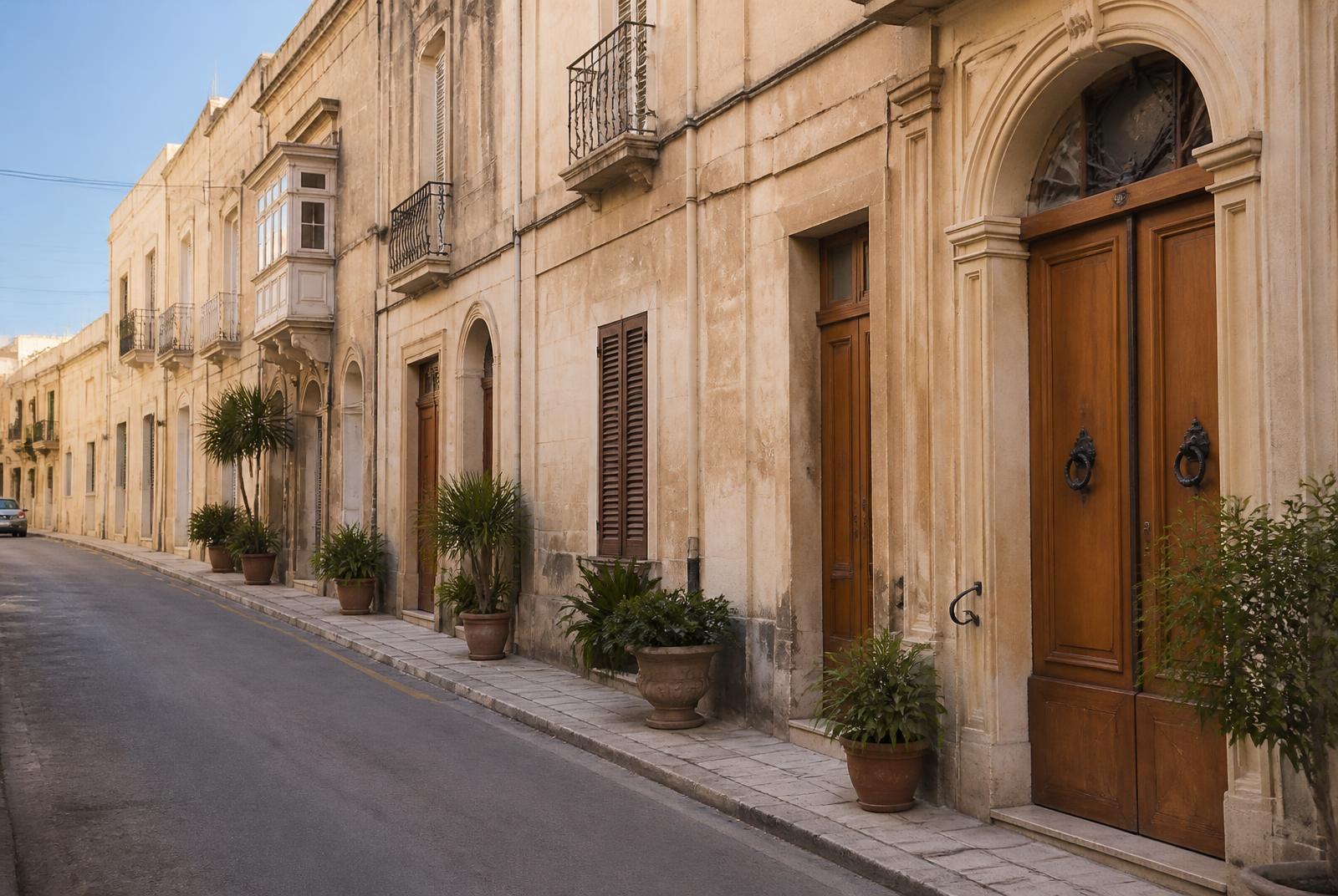 Rustige straat met honingkleurige kalkstenen huizen en houten voordeuren in centraal Malta