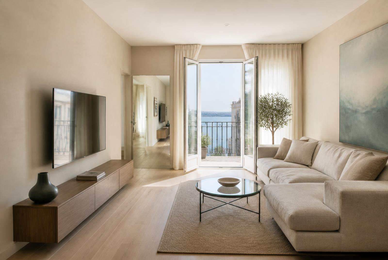 Licht appartement in Sliema met openslaande deuren naar een balkon met zicht op zee